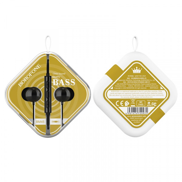 Проводные наушники BOROFONE BM45 Sound, Jack 3.5mm, 1.2 м, Черный, контроллер с микрофоном