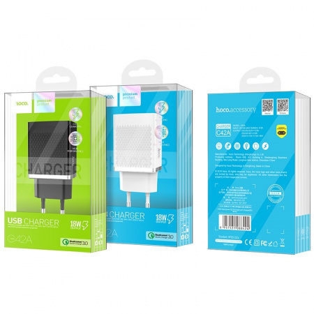 Сетевое зарядное устройство Hoco C42A QC3.0, 1 USB, 3А, Quick charge 3.0, черный