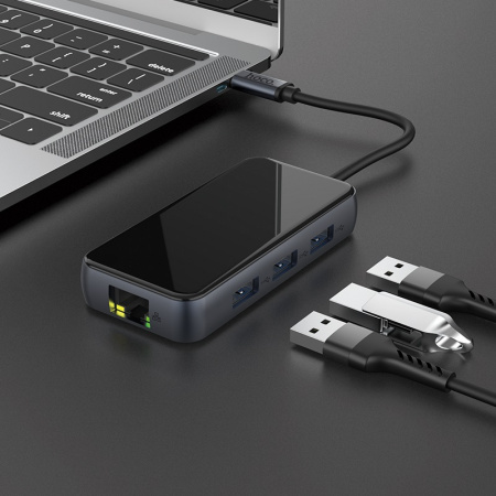 Переходник HOCO HB16 Easy expand, Type-C - 3xUSB3.0+ HDMI+PD+RJ45, серый металлик