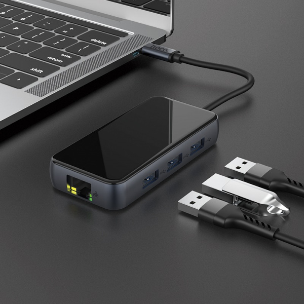 Переходник HOCO HB16 Easy expand, Type-C - 3xUSB3.0+ HDMI+PD+RJ45, серый металлик