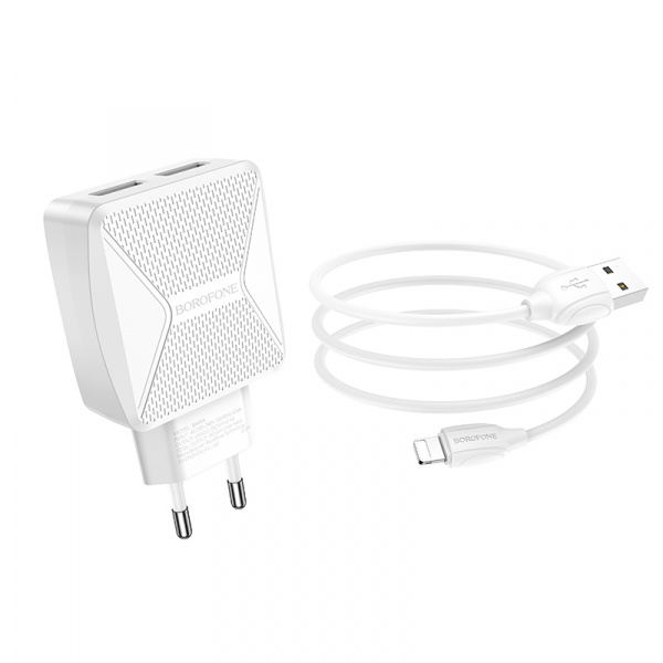 Зарядное устройство BOROFONE BA45A Max Lightning, 2.4A, белый, кабель BX19 Huiyi