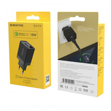 Сетевое зарядное устройство Borofone BA17A QC3.0, 1 USB, Quick Charge 3.0, черный