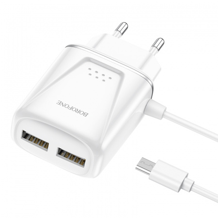 Зарядное устройство BOROFONE BA50A Beneficence micro USB, 2.1A, белый, два порта