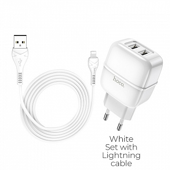 Зарядное устройство HOCO C77A Highway, 2.4A, белый, кабель Lightning