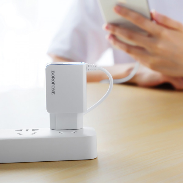 Зарядное устройство BOROFONE BA35A Brilliant 2*USB, 2.1A, белый, кабель Lightning