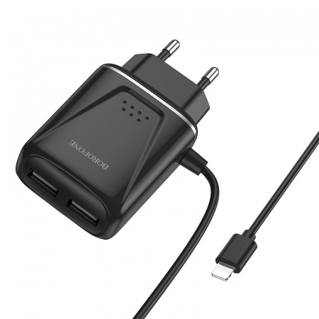Зарядное устройство BOROFONE BA50A Beneficence Lightning, 2.1A, черный, два порта