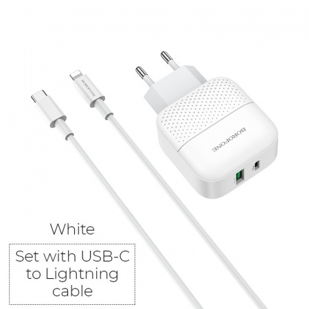 Зарядное устройство BOROFONE BA46A Premium, 3A, белый, два порта: USB/Type-C, кабель Type-C-Lightning