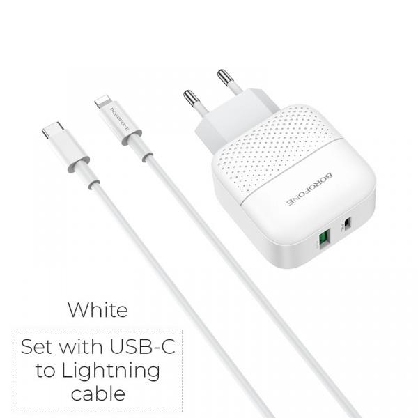 Зарядное устройство BOROFONE BA46A Premium, 3A, белый, два порта: USB/Type-C, кабель Type-C-Lightning