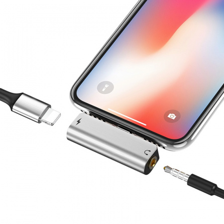 Переходник HOCO LS25, Lightning - Jack 3.5, 2А, серебристый