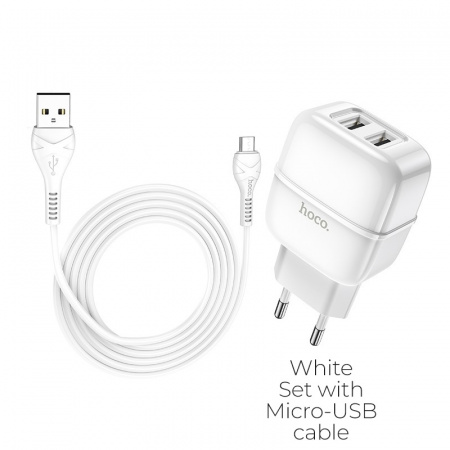 Зарядное устройство HOCO C77A Highway, 2.4A, белый, кабель micro USB