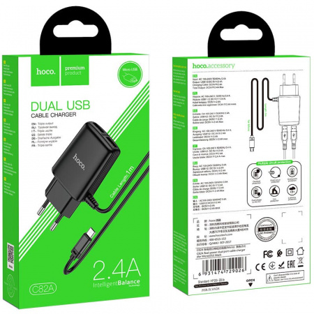 Зарядное устройство HOCO C82A Real, 2.4A, черный, кабель micro USB