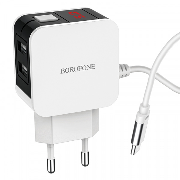 Зарядное устройство BOROFONE BA41A Power lake Type-C, 2.4A, белый, цифровой дисплей