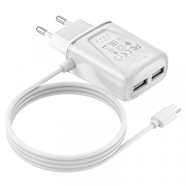 Зарядное устройство BOROFONE BA50A Beneficence micro USB, 2.1A, белый, два порта