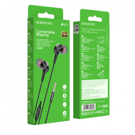 Проводные наушники BOROFONE BM52 Revering, Jack 3.5mm, 1.2 м, Черный, контроллер с микрофоном
